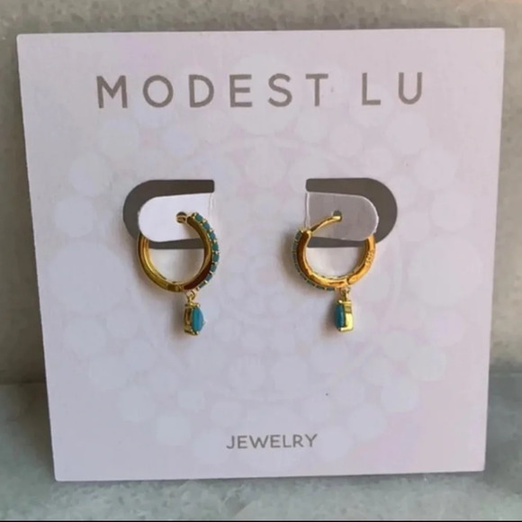 Gold Turquoise Tear Drop Crystal Huggie Hoop Earrings - Picture 4 of 5